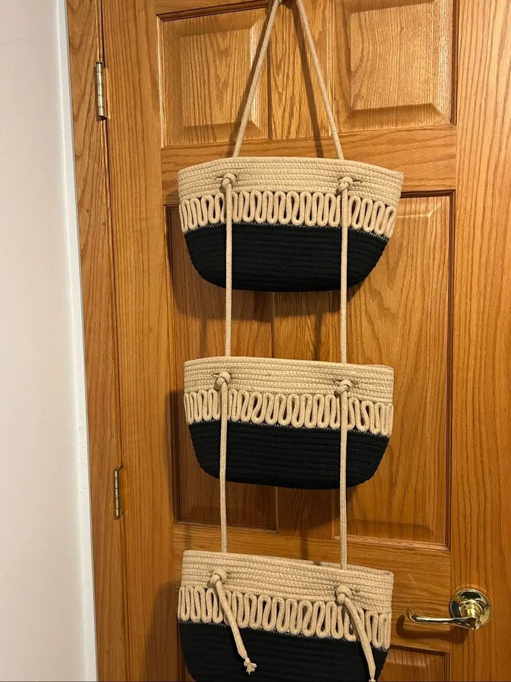Boho Style 3 Tier Over The Door Hanging Basket Cotton Rope Organizer Jute Black